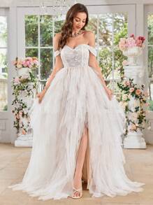 UNITHORSE UNITHORSE Women's Off Shoulder Lace Applied & Mesh Patchwork Asymmetrical Hemline White Wedding Party Bridesmaid Dress, All White Party Outfit Women