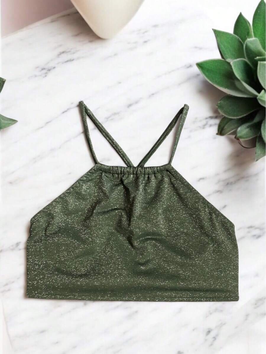 LUREX BIKINI CROPPED TOP - Army Green - View 1