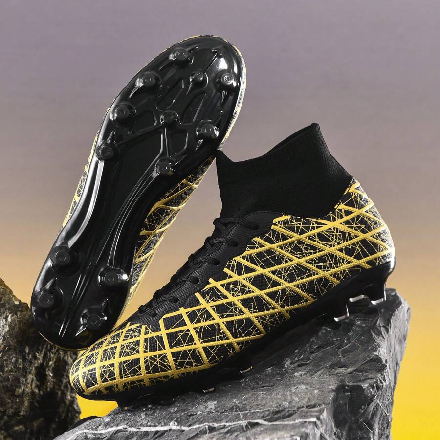 1 Pair Kids High-Top Football Cleats For Boys, Black Color, Suitable For Lawn Games & Training