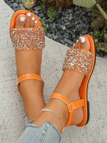 女士水晶装饰带踝带圆头低跟平底凉鞋，休闲时尚百搭户外装，橙色，夏季 - 橘色 - 查看 3