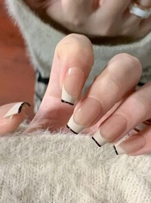 Uñas postizas, diseño de manicura francesa con borde negro hecho a mano, suministros de arte de uñas