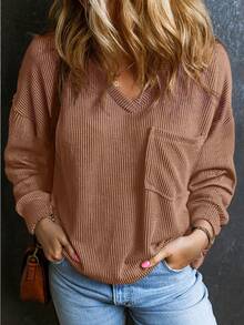 CILKOO Women's Casual V-Neck Solid Color Twist Knot Long Sleeve T-Shirt, Suitable For Spring To Summer Transition - Brown - View 5