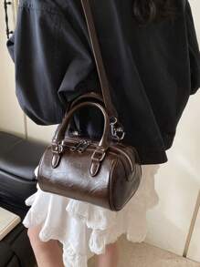 Mini sac de bowling vintage huilé couleur unie, à main et bandoulière - Marron - Voir 4