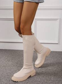 Women's Autumn/Winter Fashion Over-The-Knee Boots, Warm Thick Sole Riding Boots, Soft Leather Non-Slip Round Toe Casual Boots, Solid Color Winter Boots - Beige - View 4