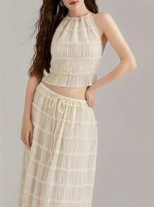 Women Y2k Two Piece Maxi Skirt Sets Beach Vacation Outfit Boho Sleeveless Ruched Halter Crop Cami Tops Backless Tank Tops And Long Swing Skirt Pleated Retro Tulle Chiffon Flowy Skirt Going Out Set 2 Piece Outfits Summer Holiday Party Outfit - 杏色 - 查看 5