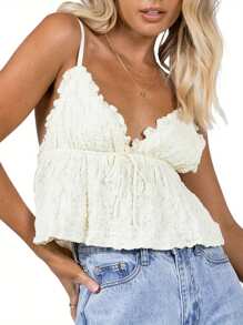 Women Basic Ruched Camisole Solid Color Ruffle V Neck Sleeveless Crop Tops For Streetwear Clubwear Summer Shirt - Beige - View 5