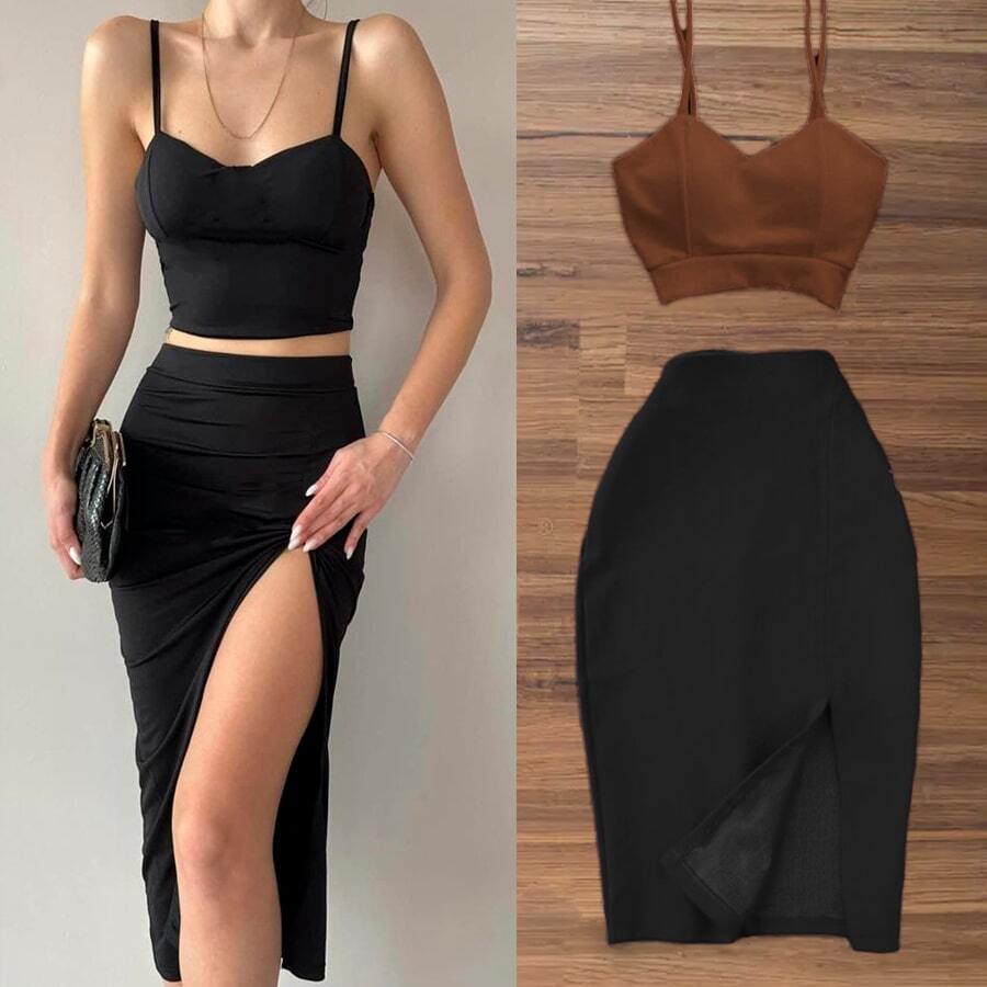 BLACK TOP AND SKIRT WITH LEG SLIPPING Fitted Strappy Top - Brown - View 1