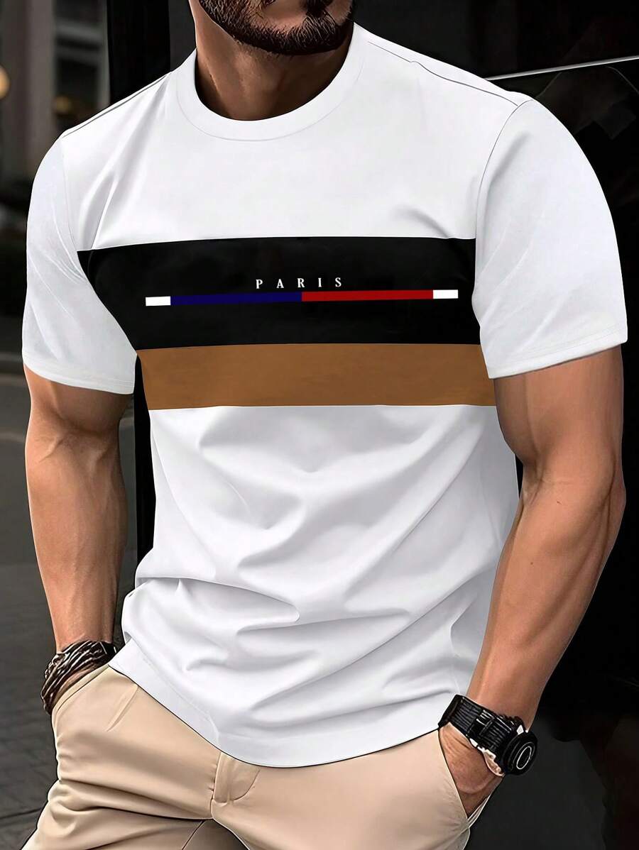 Men's Casual Contrast Color Patchwork Short Sleeve T-Shirt - White - View 1