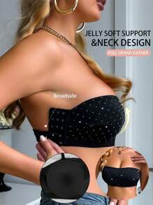 Women's Fashion Side Buckle Rhinestone Detachable Cup Bra - Black - View 3