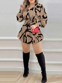 Women's Fashion Collared Dress Casual Loose Fit Pleats Random Floral Print Long Sleeve Shirt Dress For Spring/Summer - Black Geometric Figure - View 6
