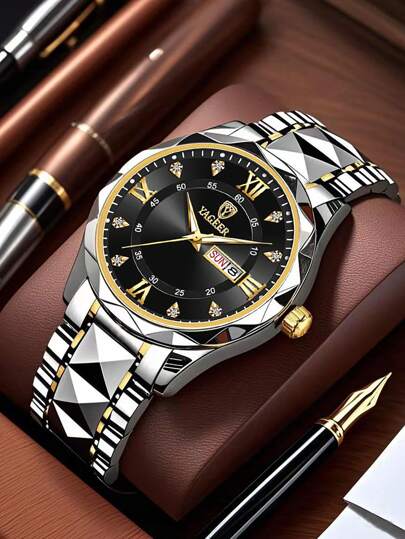 Fashion Business Style Silver-White Steel Band Quartz Watch With Roman Numerals, Rhinestone Refracting Mirror Face, Calendar And Luminous Hands, Best Gift For Boyfriend, Ideal For Business Attire