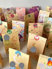 30 szt. torebek prezentowych z papieru Rama, świeże torby papierowe na błogosławieństwo Rama, małe pudełka papierowe na słodycze, pudełka na przekąski na przyjęcie, drukowane torby do pakowania ciasteczek, naklejki do kalendarza adwentowego, torby do pakowania prezentów Rama, artykuły dekoracyjne na przyjęcie