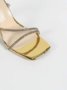 Wide Fit Women's Fashion High Heel Sandals Rhinestone Strap Sandal Nude Ankle Wrap Sandal Classic Square Toe Sandal Transparent Crystal Block Heel Sandal Square Chunky Heel Sandal, Summer Outdoor & Party Gold Sequined Sandal