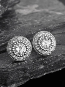 1 Pair Round & Square Cubic Zirconia Stud Earrings, Punk Hip Hop Earrings Accessories - Zirconia Earrings - View 5