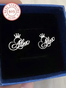 A Pair Of 925 Silver Classic Elegant Crown Custom English Name Earrings, Lively And Interesting, Retro Exquisite, Suitable For Any Scene Season Versatile Accessories, Valentine's Day, Mother's Day, Christmas, Thanksgiving, Birthday Anniversary, A Beautiful And Special Gift For Ladies, Family, And Friends,Glow & Grace - Silver - View 3