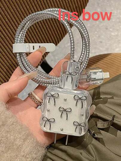 5个透明软TPU充电线及适配器保护套，带珠饰蝴蝶结设计，兼容 14/15/16/16 Pro Max，防断裂充电线整理器，18/20W快充支架，送给他/她的理想礼物，线缆保护套，充电器保护套