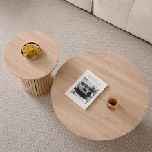 Round Nesting Coffee Tables Set Of 2, Boho Wood Circle Side Table Fluted Drum, Farmhouse End Table For Living Room Bedroom, Apartment - Yellow - View 4