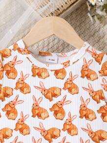 Baby Girls Rabbit Print Short Sleeve Dress, Cute Everyday Outfit For Outdoor And Easter
