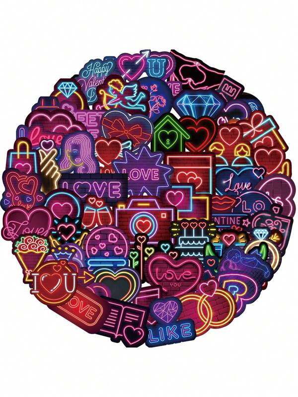 64pcs Colorful Neon Valentine's Day Creative Graffiti Stickers For DIY Notebook, Laptop, Phone Case, Mug, Guitar, Luggage, Skateboard, Helmet, Waterproof Decorative Sticker,School Supplies,Back To School