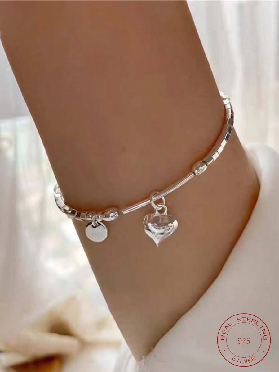 1 chiếc vòng tay chuỗi hình học hình vuông và hình trái tim bằng bạc S925 Sterling dành cho nữ, phong cách tối giản và ngọt ngào, ngày lễ tình nhân - Bạc - Xem 1