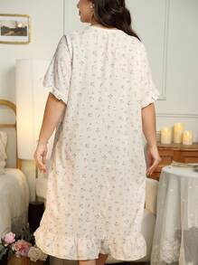 RS Pajama Women's Plus Size Elegant Flower Print Bubble Chiffon Ruffle Trim Square Neck Night,Long Sleep Dress,Pajama Dress