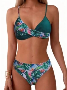 Tropical Print Hard Cup Bikini Set - Multicolor - View 1