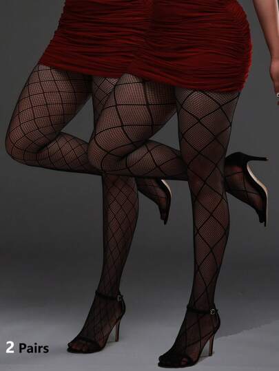 2pcs Plus Size High Elastic Plaid Fishnet Leggings, Gothic Tights For Halloween Costume, Sexy Black Fishnet Stockings Y2K Fashion