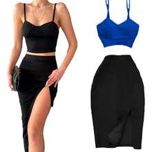 Conjunto falda y top tirantes corte ajustado abertura femenina moderno - azul real - Ver 4