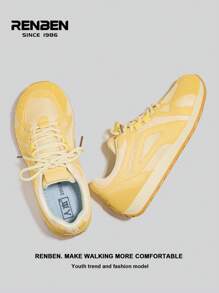 RENBEN 1 Pair People's Thick Sole Women's Sports Style Mesh Sneakers, Front Lace Up Yellow Mesh Platform Low-Top Casual Outdoor Athletic Shoes, Suitable For Dresses & Pants, 2025 Popular Women's Shoes - Yellow - View 5
