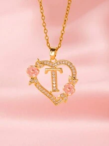 1 件心形花卉字母项链个性化心形花卉 26 个字母吊坠项链适合女孩的生日