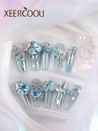 10 件按压式蓝色海洋色重工业紫色奢华水钻纯手工制作长指甲按压式指甲套装包括 1 张粘合片和 1 个迷你锉刀指甲用品指甲