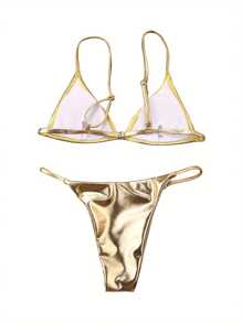 Women Summer Solid Color Sexy Bikini Set Shine Gold Bra And Low-Rise Triangle Shorts Swimming Suit - Gold - View 3