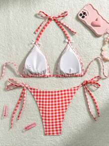 New Sexy Red & White Plaid Print Bowknot Bikini 2 Pieces Set, For Summer Beach Vacation