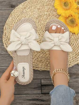 Women's Bow Decor Flat Sandals, Plus Size Lightweight Summer Ladies Slippers, Non-Slip Ladies Beach Shoes, Open Toe Ladies Flip-Flops, Slip-On Ladies Shoes