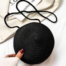 Women's Round Straw Bag Crossbody Beach Fashion Summer Holiday Minimalist Adjustable Crossbody Shoulder Strap Handmade Medium Zipper - 黑色 - 查看 1