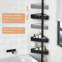 KEGII Corner Shower Caddy Tension Pole, 4-Tier Shower Tension Rod Organizer, Floor To Ceiling Shower Caddy 25-114.2 Inch, Towel Rack Corner Waterproof (White) - 黑與白 - 查看 2