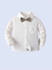 3pcs Young Boys Gentleman Outfit Set: White Collared Shirt With Bow Tie, Grey Vest And Suspender Pants, Fashionabantic For Birthday Party, Wedding, Anniversary