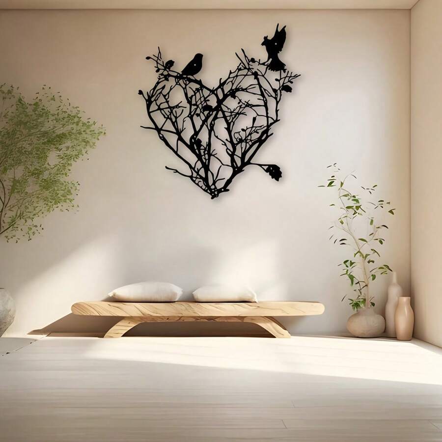 1pc Trang trí nghệ thuật treo tường bằng kim loại, Thiết kế hình trái tim và chim của Cây sự sống, Trang trí nhà bếp trang trại cho phòng khách văn phòng, Biển báo tường hiên ngoài trời, Điêu khắc kim loại nghệ thuật - màu đen - Xem 1