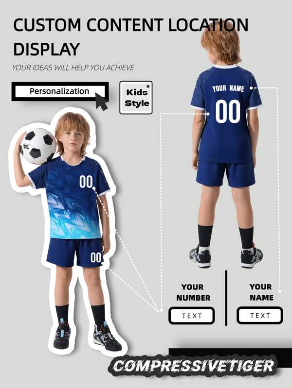 2 piezas Conjunto deportivo de camiseta de manga corta personalizada con estampado de nombre y número + shorts para niño, de secado rápido y absorción de sudor, como regalo