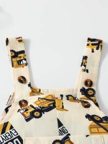 1 件装男婴休闲可爱卡通汽车印花连体衣带背带短裤，婴儿学步，夏季 - 杏色 - 查看 3