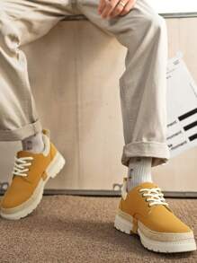 英式圆头厚底男士正装鞋，复古系带正装鞋，撞色时尚男士休闲皮鞋，婚礼派对 - 米色 - 查看 5