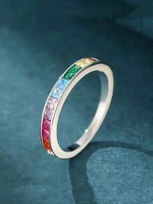 Nhẫn bạc Sterling Zirconia nhiều màu đơn giản dành cho nữ, nhẫn cá nhân hóa thời trang và phổ biến, thiết kế tối giản, quà tặng ngày lễ tình nhân - nhẫn đầy màu sắc - Xem 2