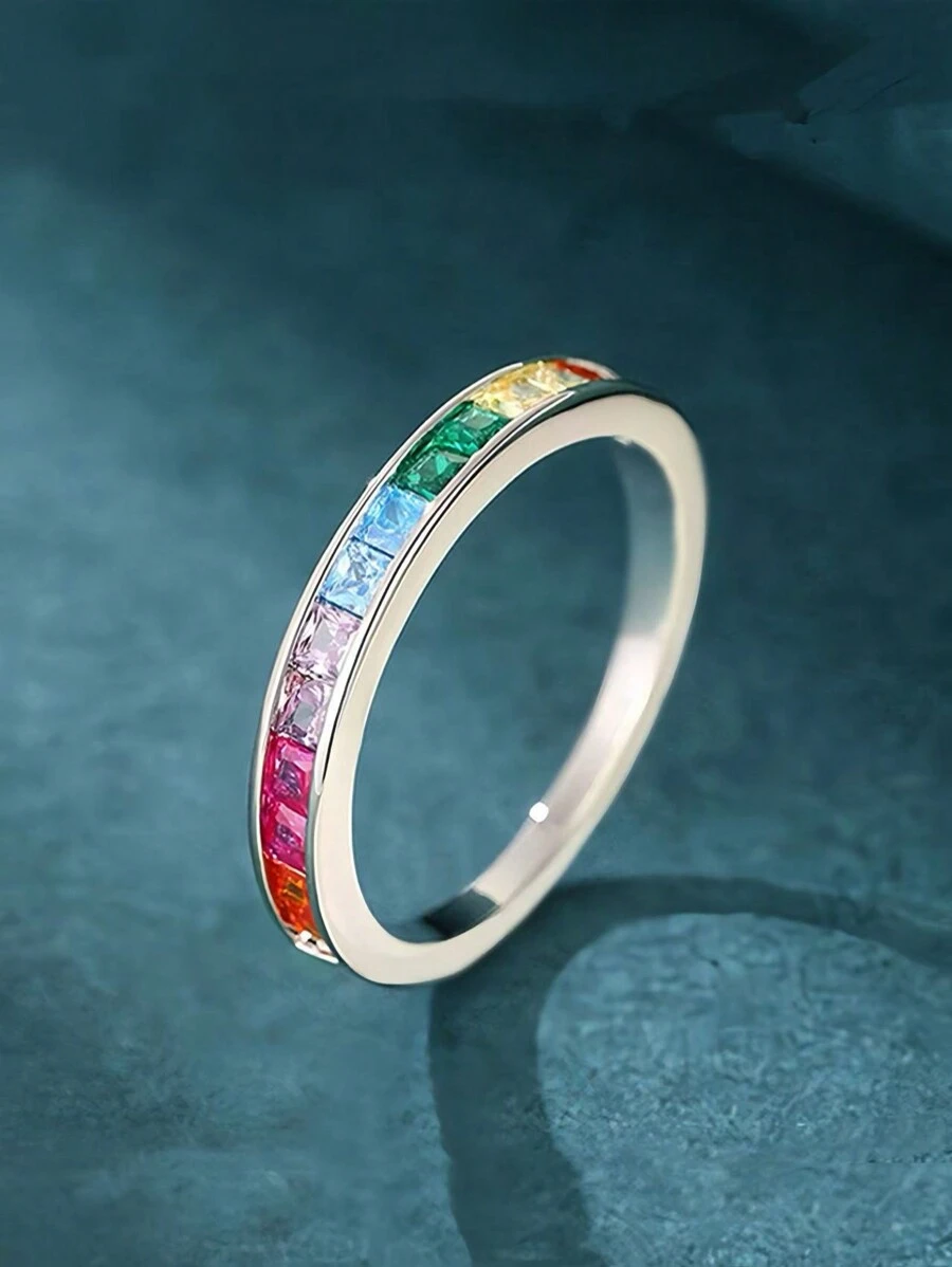 Nhẫn bạc Sterling Zirconia nhiều màu đơn giản dành cho nữ, nhẫn cá nhân hóa thời trang và phổ biến, thiết kế tối giản, quà tặng ngày lễ tình nhân