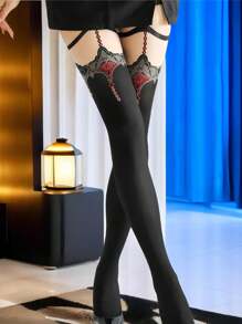 1 双性感对比色红色边缘大腿袜带吊袜带 - 黑色 - 查看 5