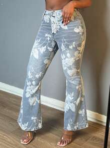 Women's Fashionable Retro Printed Micro Flared Jeans, High Waisted Elastic Loose Wide Leg Flared Pants, Women's Jeans And Clothing - Rửa nhẹ - Xem 2