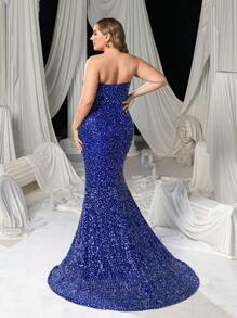 Faeriesty Robe de soirée sirène sans bretelles grande taille avec fente haute à la jambe et ornements pailletés et perlés, robe de soirée, robe pour invité de mariage, robe de cérémonie, robe de soirée