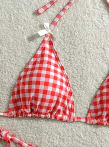 New Sexy Red & White Plaid Print Bowknot Bikini 2 Pieces Set, For Summer Beach Vacation