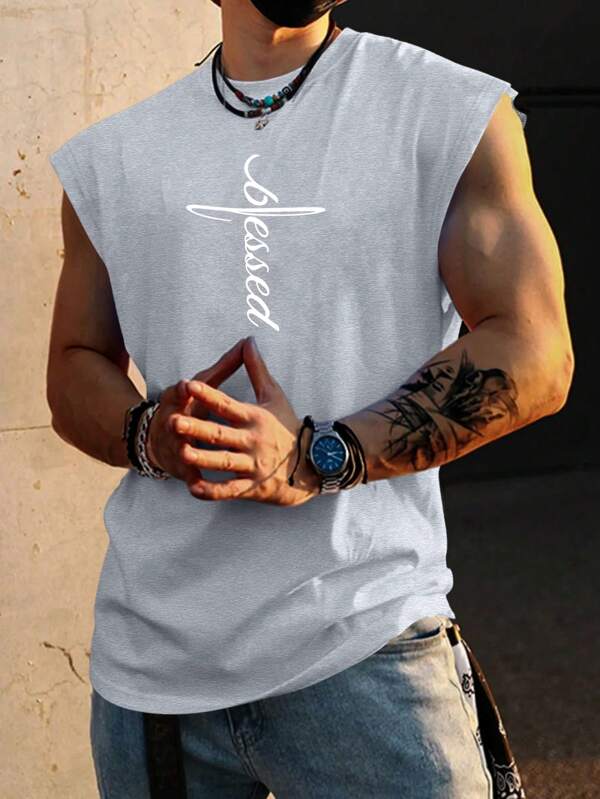 Men's Sleeveless Casual T-Shirt - Ideal For Summer, Suitable For Gym, Running, Outdoor Sports, Comfortable Fit, Classic Minimalist Design, Daily Wear, Light Grey Tee With Letter Print