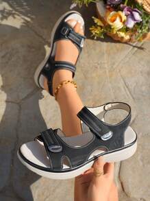 Plus Size Women's Casual Outdoor Thick Sole Sandals, New Hook And Loop Strap Beach Sandals, Flat Lightweight Comfortable Easy To Wear