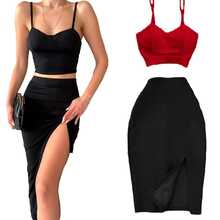 BLACK TOP AND SKIRT WITH LEG SLIPPING Fitted Strappy Top - Red - View 4